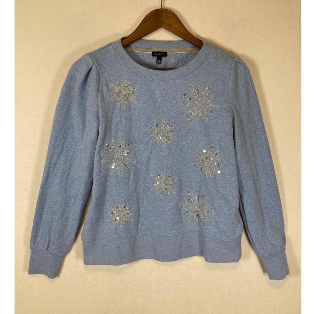 Wintercore Talbots Women XS Blue Sequin Embroidered Snowflake Puff Sweatshirt